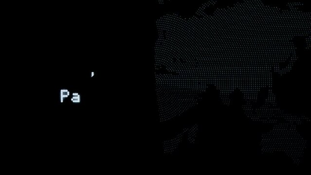Person against big digital wall in studio. Man hacker in virtual reality glasses hacking database, black digital screen cyber code data visual background.