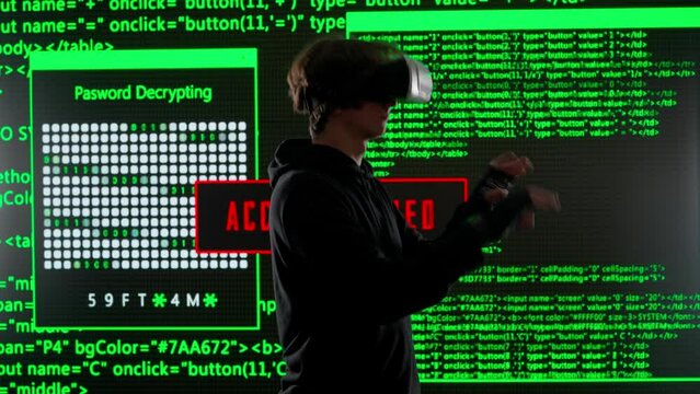 Person against big digital wall in studio. Man hacker in vr glasses hacking using menu database, digital screen cyber code data visual background.