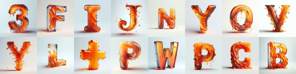 Orange glass 3D Lettering Typeface. AI generated illustration