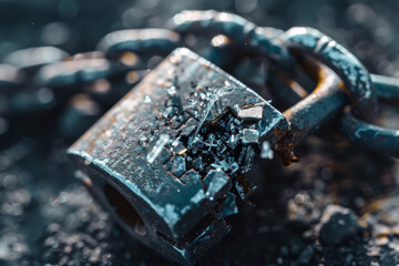 A close up of a broken padlock on a chain