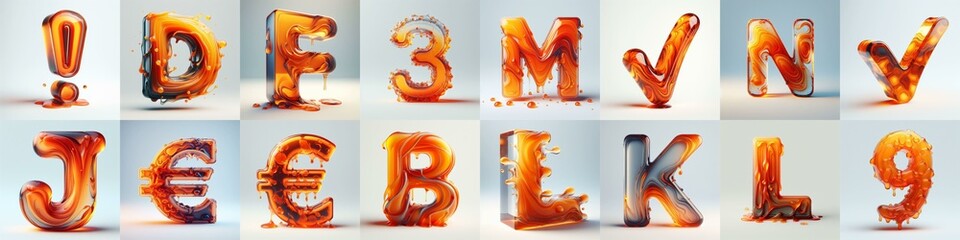 Orange glass 3D Lettering Typeface. AI generated illustration