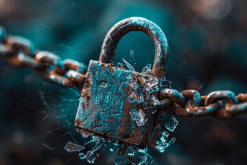 A broken padlock with the letter m on it - Powered by Adobe