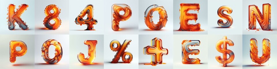 Orange glass 3D Lettering Typeface. AI generated illustration