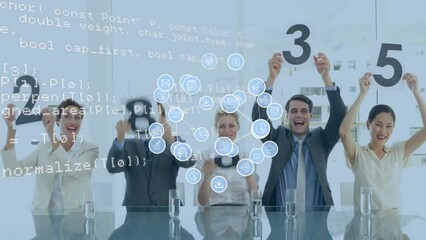 Animation of media icons and data processing over diverse colleagues grading at meeting