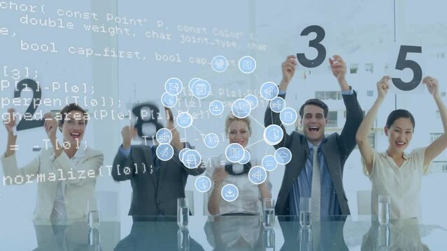 Animation of media icons and data processing over diverse colleagues grading at meeting