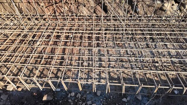 Reinforcement rebar steel rods ready for concrete pouring at a construction site
