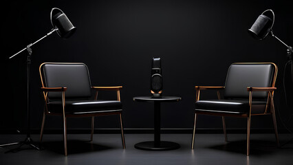 Interior view of a podcast setup with two chairs and a mic on a black background