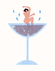 Beautiful naked girl in a cocktail glass. Summer vibe poster with woman. Drinking cold beverage on the beach. Vector design for poster, postcard, print, cover.