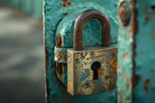 A close up of a rusty padlock on a door