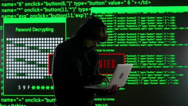 Person against big digital wall in studio. Man hacker with laptop hacking server database, digital screen with cyber code data visual background.