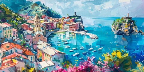 a painting of a small town in italy in the style of lively coastal landscapes Generative AI - obrazy, fototapety, plakaty