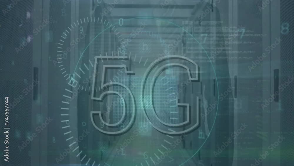 Poster animation of 5g text and data processing over server room