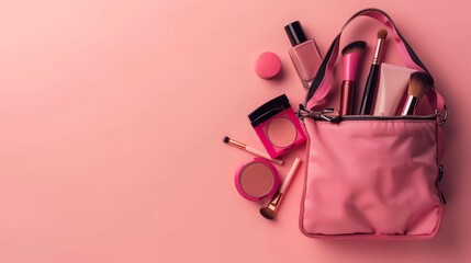 pink make up case with cosmetics.