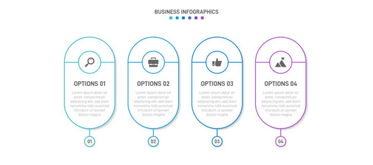 Timeline infographic with infochart. Modern presentation template with 4 spets for business process. Website template on white background for concept modern design. Horizontal layout.