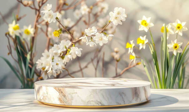 round marble and gold podium surrounded by 
daffodiles  spring flowers for product presentation