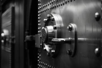 A black and white photo of a safe door
