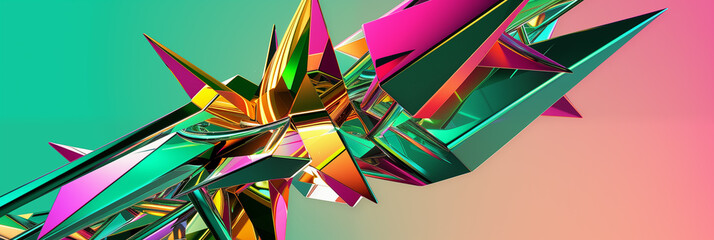 A vividly colorful geometric shape bursts with a diverse palette of hues, sharp edges and interlocking facets on a green backdrop. The abstract form conveys a sense of dynamic movement and complexity. - obrazy, fototapety, plakaty