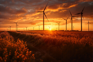 Scenic wind farm at sunset, sustainable energy landscape with windmills against vivid sky