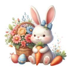 Watercolor Easter Carrot Bunny and Flowers Clipart