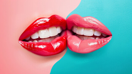 Close-up of beautiful female lips before and after whitening.