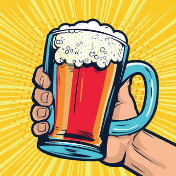 Foamy glass mug of beer in hand. Fast food vector illustration in pop art retro comic style