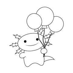 Cute cartoon Axolotl with helium balloon in black and white