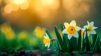 Daffodils in golden hour bloom