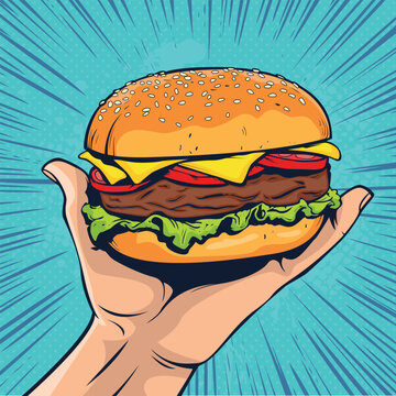 Burger on hand. Fast food vector illustration in pop art retro comic style.