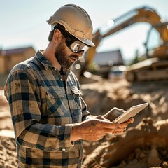 Caucasian Men Real Estate Investor Wearing Protective Goggles And Using Tablet On Construction Site On a Sunny Day. Man Inspecting Building Progress. Excavator Loading Materials Into Truck. - obrazy, fototapety, plakaty