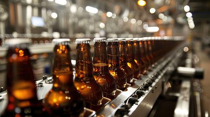 Plant for the production and bottling of beer. Conveyor line with beer bottles. - obrazy, fototapety, plakaty