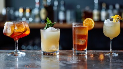 Different cocktails next to each other on a bar