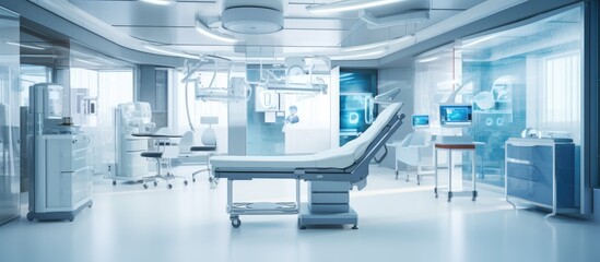 A hospital room with a bed and various medical equipment positioned around it. The room is empty, with white walls and no additional furniture present.