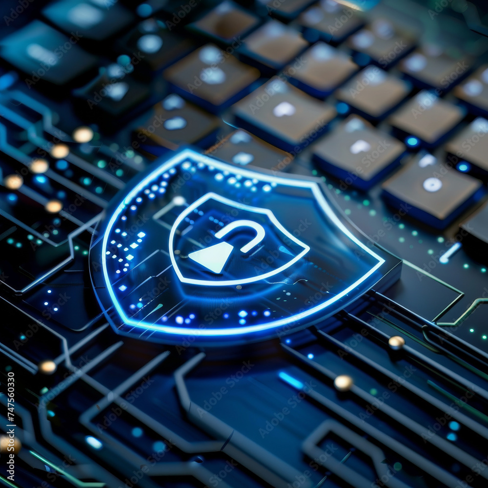 Poster a computer keyboard with a shield with a padlock on it
