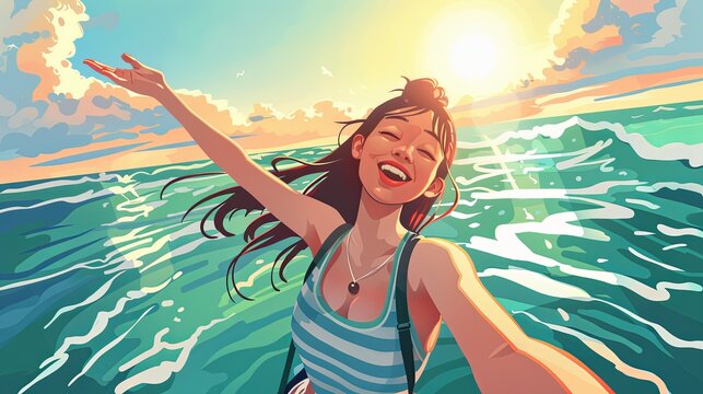 Illustration of a happy Asian girl taking selfie on sea background