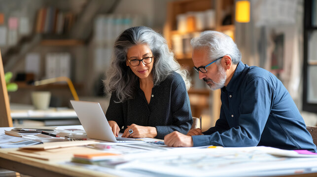 Senior studio architects carefully review drawings, demonstrating experience and concentration