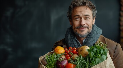 Adult bearded happy man with paper package of vegetables groceries