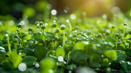 sprouts of various plants, beans, alfalfa, and broccoli in a Horizontal layout, and room for copy in a Healthy snack-themed, photorealistic illustration in JPG. Generative ai