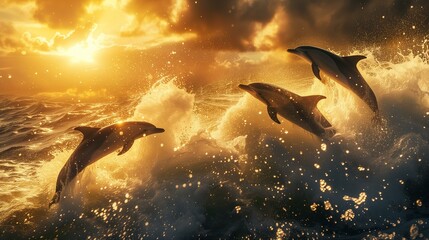 Obraz premium dolphins jumping out of water in the sea at sunset