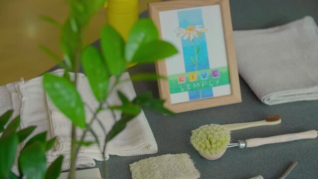 Close-up of reusable goods lying on the table. Zero waste home. Eco-friendly lifestyle. Sustanability.