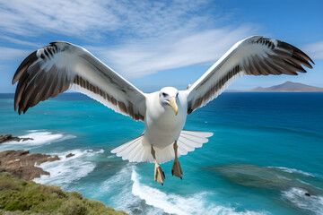 Fototapeta na wymiar Graceful Flight: Capturing the Majestic Albatross as It Soars Over The Ocean Blue