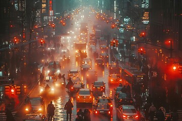 Experience the hustle and bustle of an urban morning as a chaotic intersection fills with a swarm of people crossing the street, cars honking impatiently, and traffic lights changing rapidly - obrazy, fototapety, plakaty