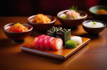 Fototapeta na wymiar Food photography. Traditional Asian cuisine. Template for a restaurant business, menu, recipe book, gastronomy and cooking banner. Japanese sushi roll with salmon and seafood served on a wooden plate.