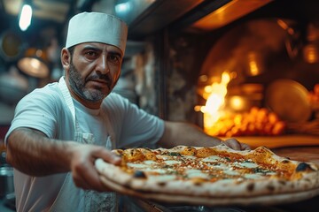 Food concept. A happy professional chef presents freshly prepared pizza from the oven - obrazy, fototapety, plakaty