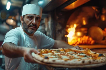 Schilderijen op glas Food concept. A happy professional chef presents freshly prepared pizza from the oven © Vasiliy