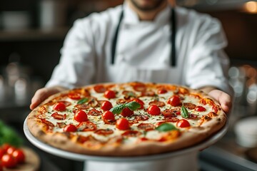Food concept. A happy professional chef presents freshly prepared pizza from the oven