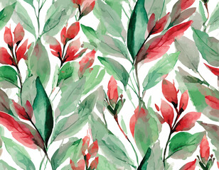 seamless pattern with watercolor leaves and buds red and green