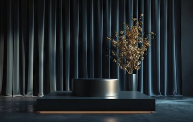 Black stage with blue curtains and pedestal background For product display montage