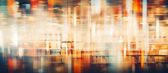 The image shows a blurry view of a building featuring bookshelves filled with various books. The shelves are slightly out of focus, giving a dreamy and abstract vibe to the bookstore setting.