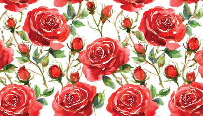  seamless pattern with red roses and buds; watercolor hand drawing