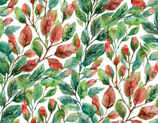 seamless pattern with watercolor leaves and buds red and green